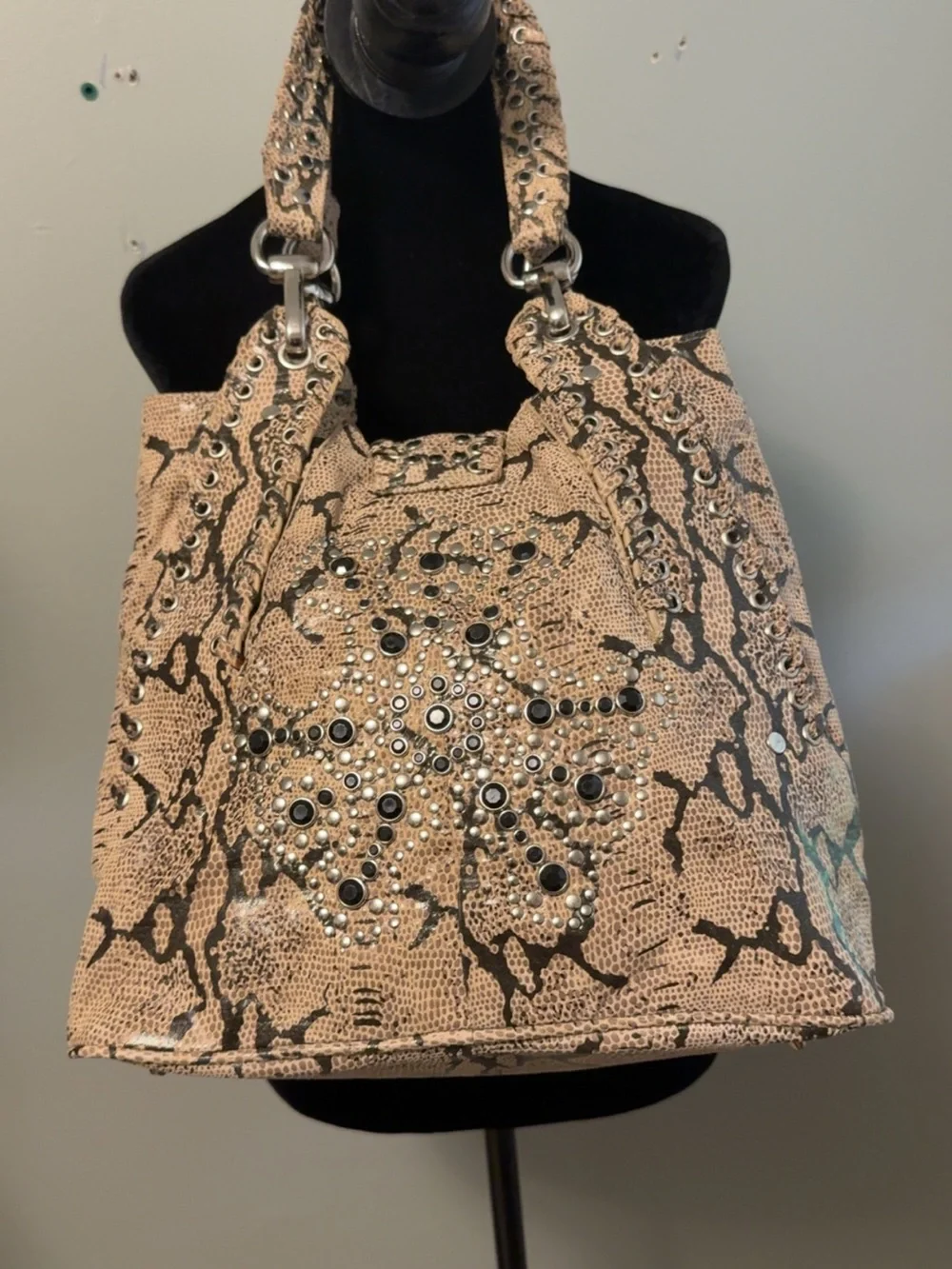 Snake-Print Studded Shoulder Bag in Taupe - Picture 3 of 6